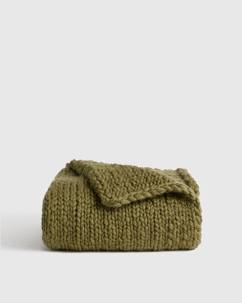 Chunky Hand Knit Wool Throw - Olive