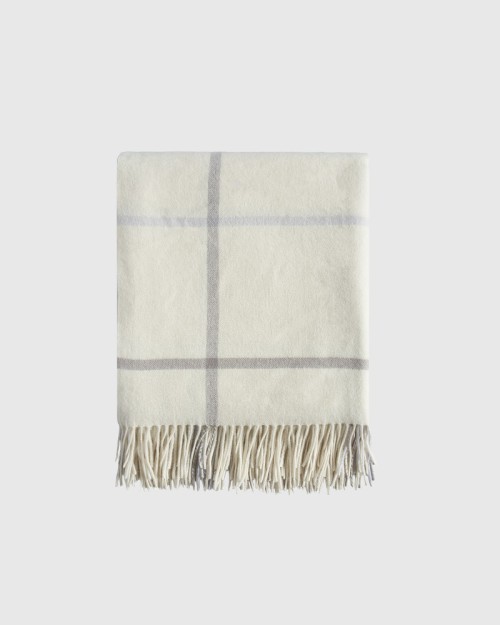 Mongolian Cashmere Plaid Throw - Ivory/Grey Plaid