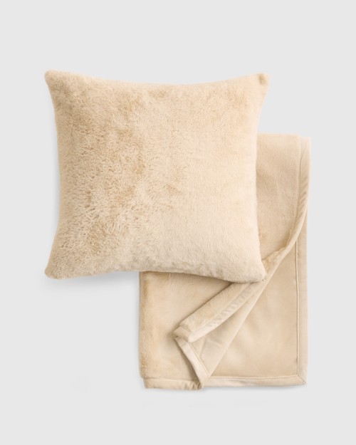 Plush Recycled Faux Fur Throw & Pillow Cover Set - Light Camel