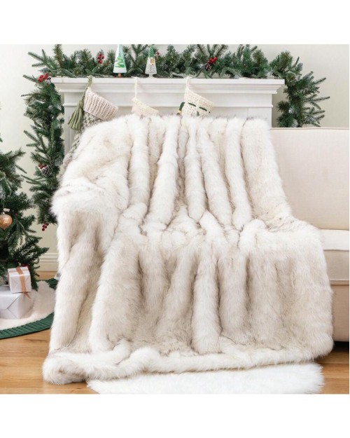 Luxury White Fur Throw Blanket With Black Tip Warm Thick Faux Fur Blanket For Couch Bed Fuzzy Fluffy Cozy Sofa Blanket